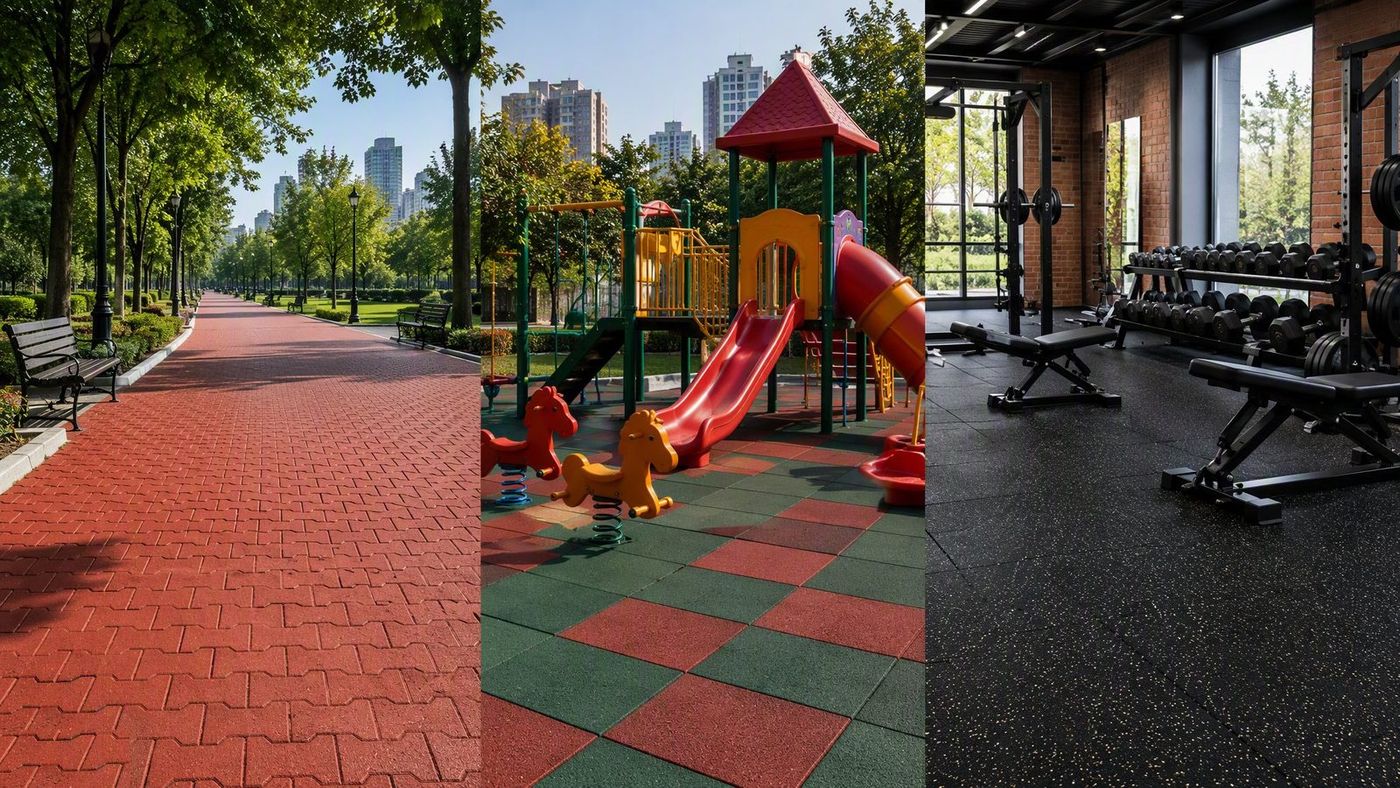 Rubber gym flooring, playground and outdoor rubber paver applications